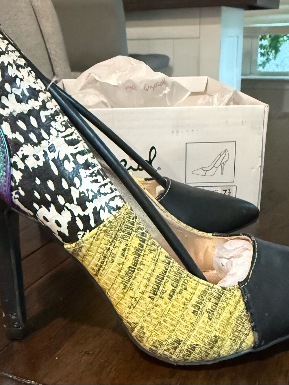 Qupid Multicolor Pointed Toe Stiletto Pumps in Black, Yellow & Purple